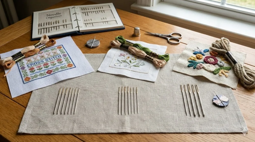 Три типи голок для вишивки, нитки, органайзер та зразки робіт хрестиком і гладдю, розкладені на робочому столі