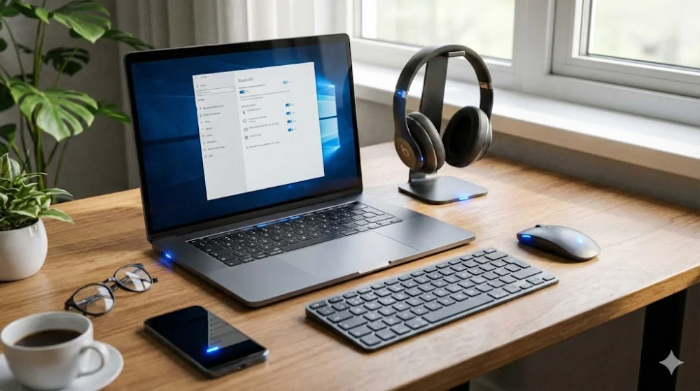 Ноутбук із відкритим меню Bluetooth, бездротові навушники, мишка та клавіатура на робочому столі