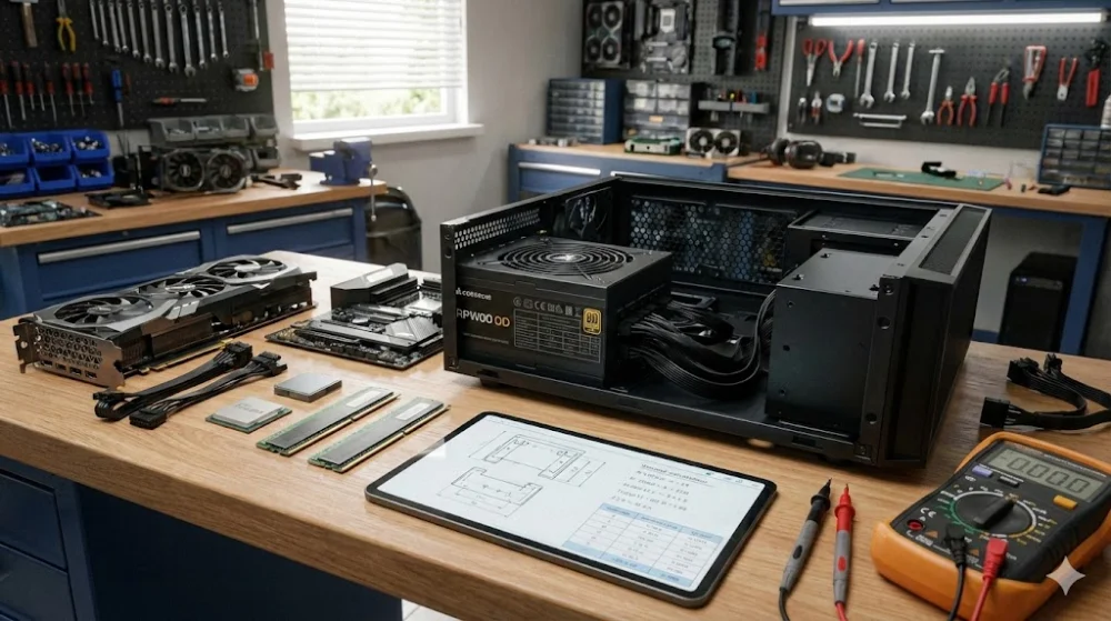 Робочий стіл із комп'ютерним корпусом, блоком живлення, відеокартою, планшетом зі схемами та мультиметром для розрахунку потужності