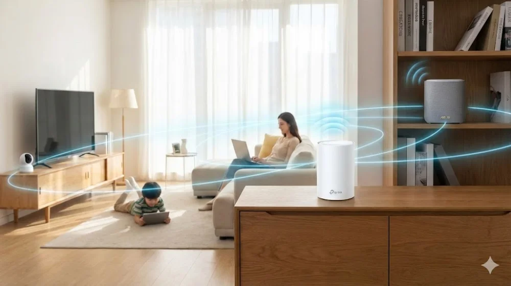 Модуль Mesh-системи TP-Link Deco на тумбі забезпечує стабільним Wi-Fi сигналом родину в просторій вітальні