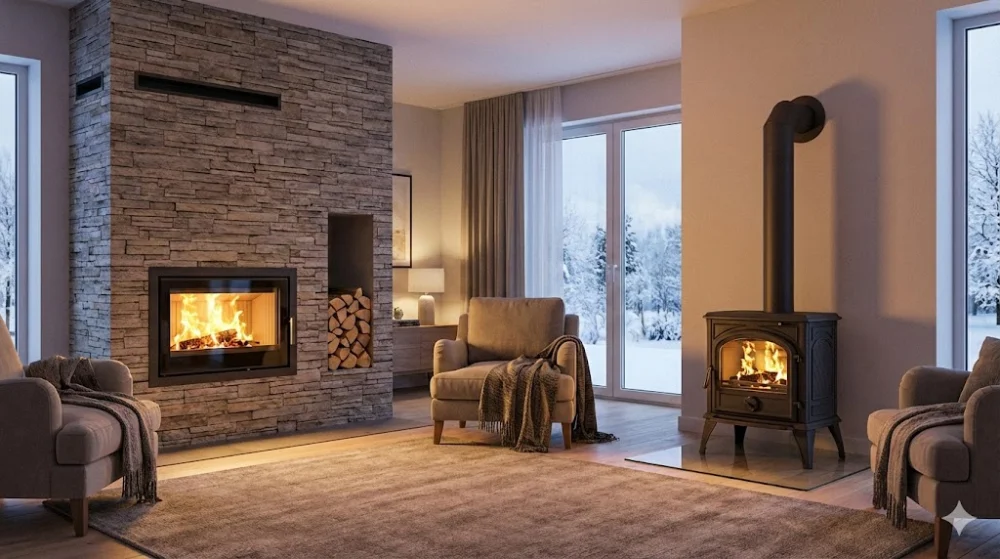 Порівняння в інтер'єрі: вбудована камінна топка в камені та окрема чавунна піч-буржуйка з вогнем у затишній вітальні взимку