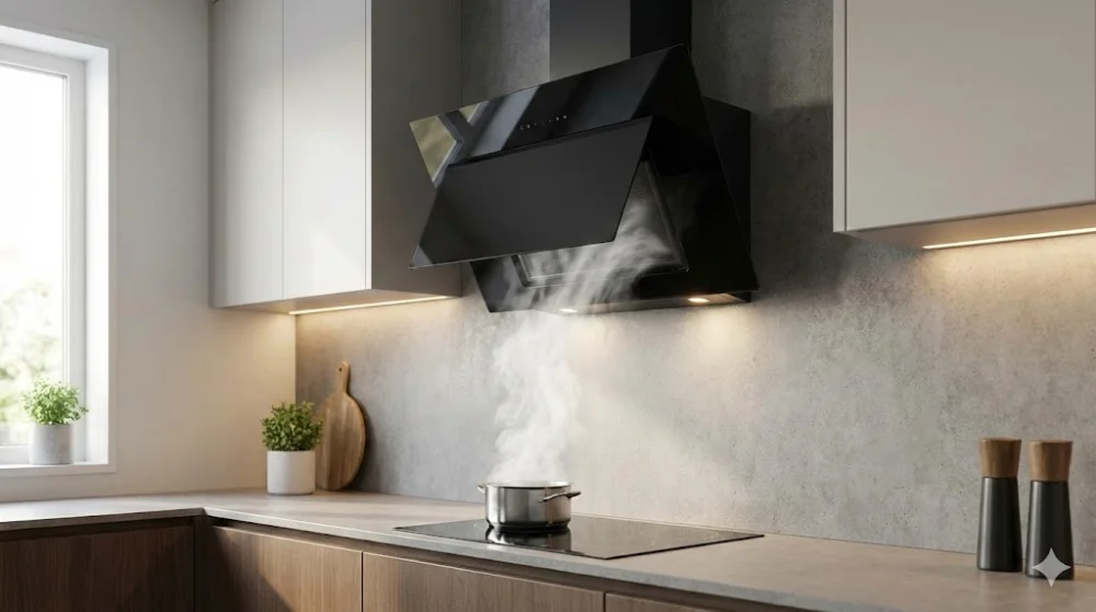 Чорна похила витяжка втягує пару від каструлі на індукційній плиті в сучасному мінімалістичному інтер'єрі
