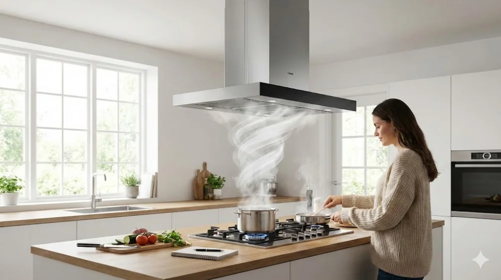 Жінка готує на газовій плиті, над якою працює велика острівна витяжка, ефективно втягуючи пару та дим