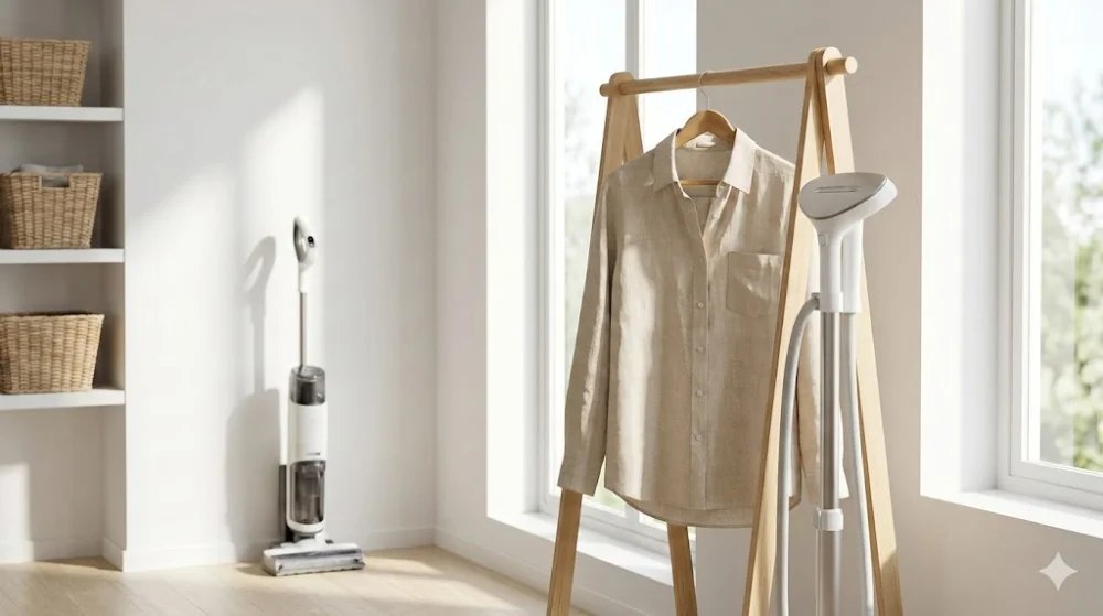 Світлий інтер'єр з відпарювачем для одягу біля вішака з лляною сорочкою та мийкою для підлоги на задньому плані