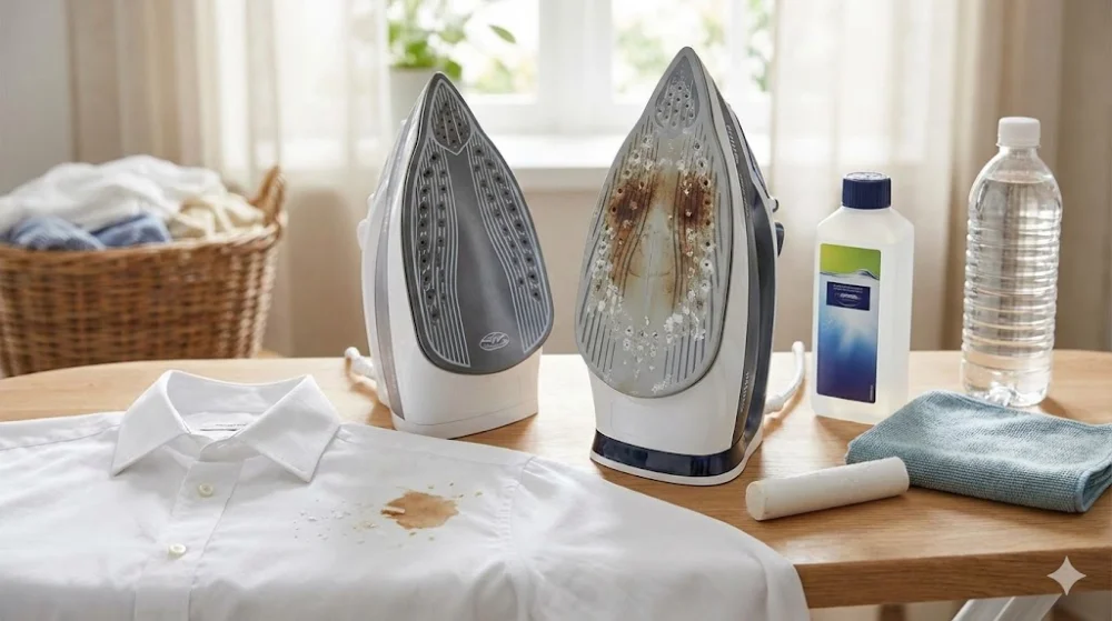 Праска з нагаром біля білої сорочки з коричневою плямою, дистильована вода та олівець для чищення на фоні