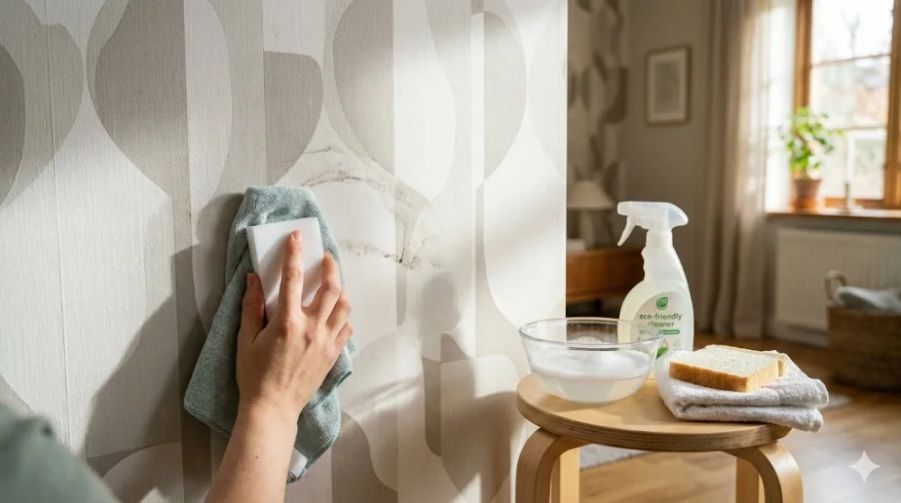 Людина видаляє пляму зі шпалер меламіновою губкою та мікрофіброю. На стільці поруч миска з водою, спрей та хліб