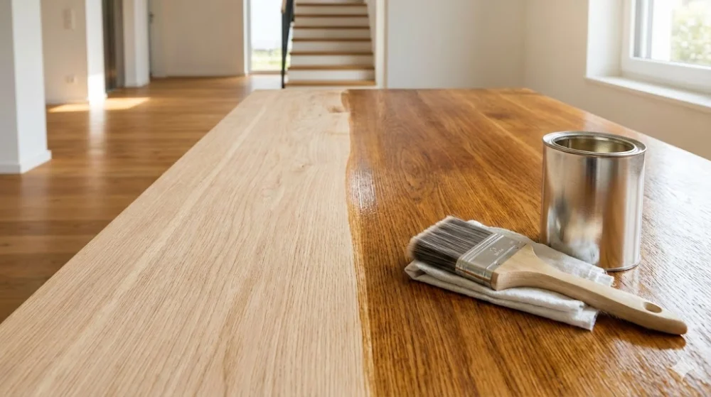 Дубовий стіл, наполовину покритий лаком, поруч пензель та банка на фоні світлого інтер'єру зі сходами