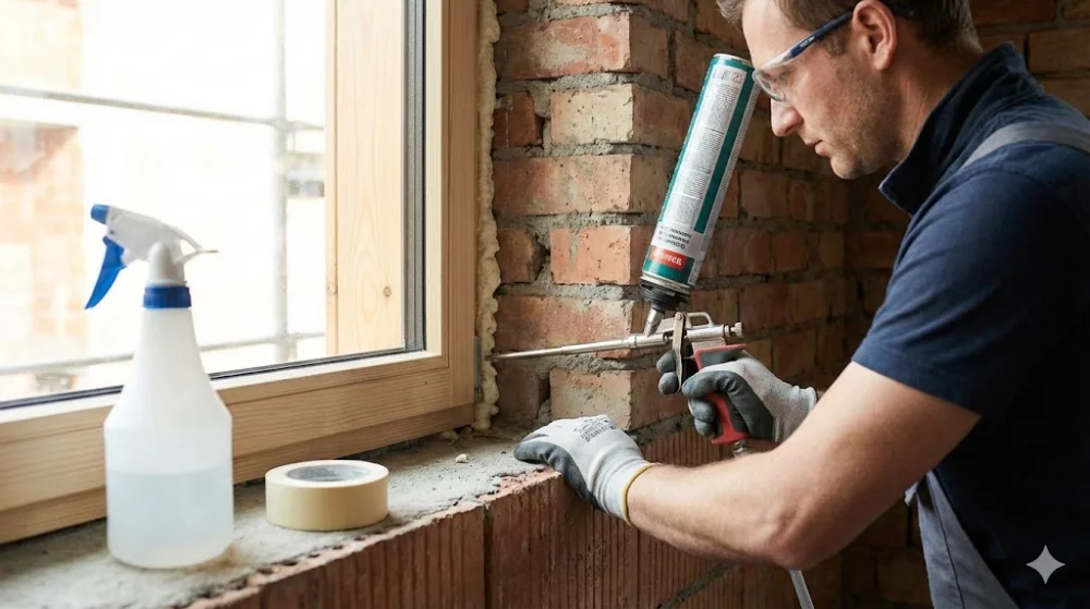 Майстер наносить монтажну піну пістолетом у щілину між вікном та стіною, використовуючи захисні рукавички та окуляри