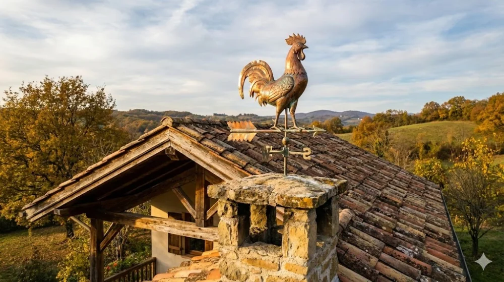 Мідний флюгер у формі півня встановлений на старому кам'яному димарі будинку з черепичним дахом на фоні осіннього пейзажу