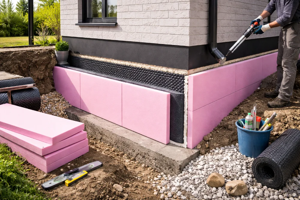 Монтаж утеплювача на фундамент будинку: плити XPS, гідроізоляція та дренажний шар навколо основи будівлі