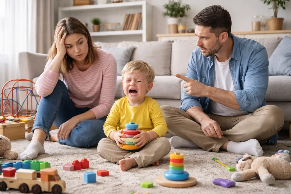 Засмучені батьки поруч із заплаканим малюком під час напруженої ситуації вдома, іграшки на підлозі