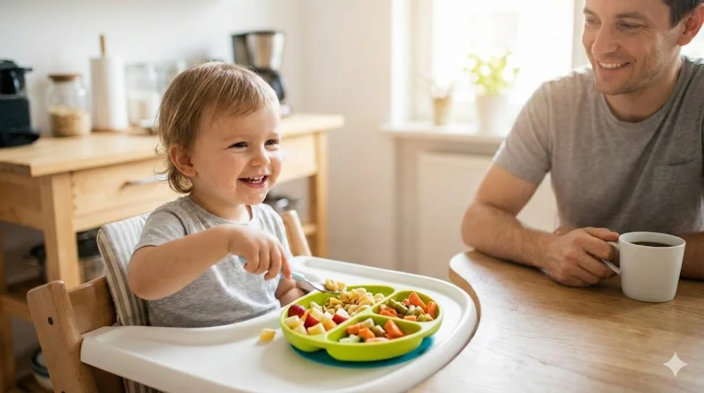 Маленька дитина самостійно їсть із зеленої секційної тарілки, поруч усміхнений батько в затишній кухні