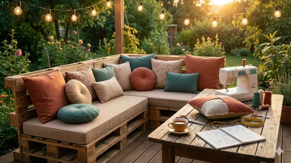 Зона відпочинку на терасі з саморобними подушками на меблях із палет, швейна машинка та інструменти на столі