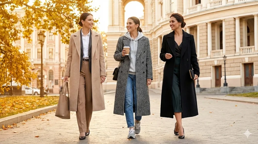 Фото трьох жінок, що демонструють різні способи носіння довгого пальта: діловий, спортивний та вечірній образи