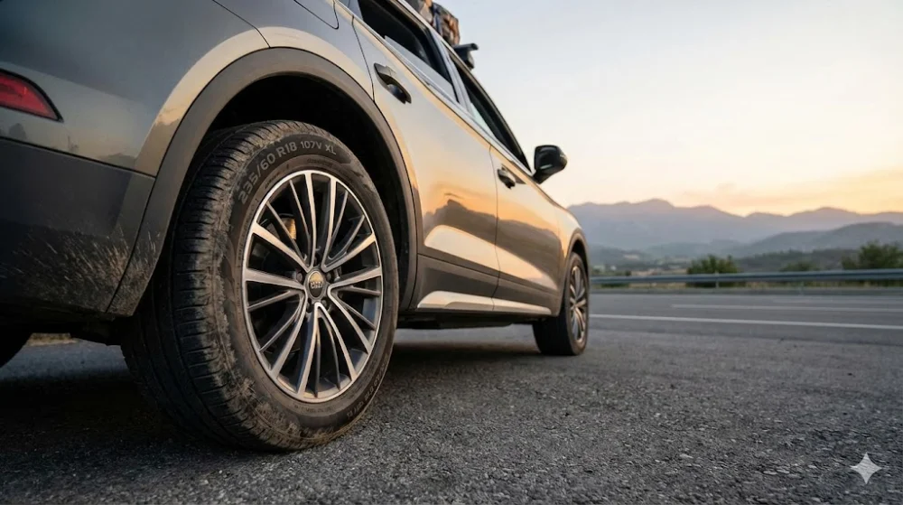 Колесо автомобіля з маркуванням шини 235/60 R18 107V XL, що показує індекси навантаження 107 та швидкості V