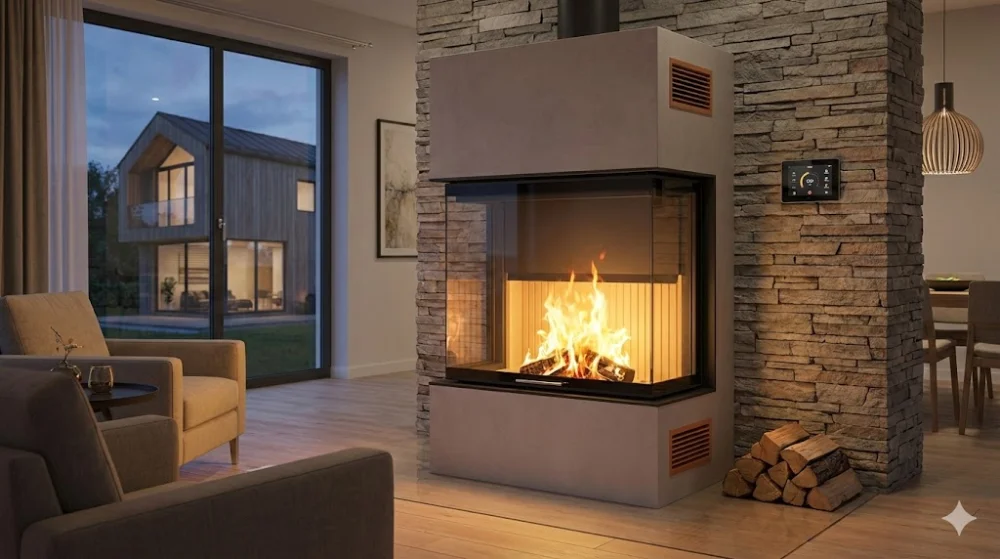 Сучасний камін з тристороннім склом, вбудований у кам'яну стіну. Горить вогонь, поруч дрова і панель керування в затишній вітальні