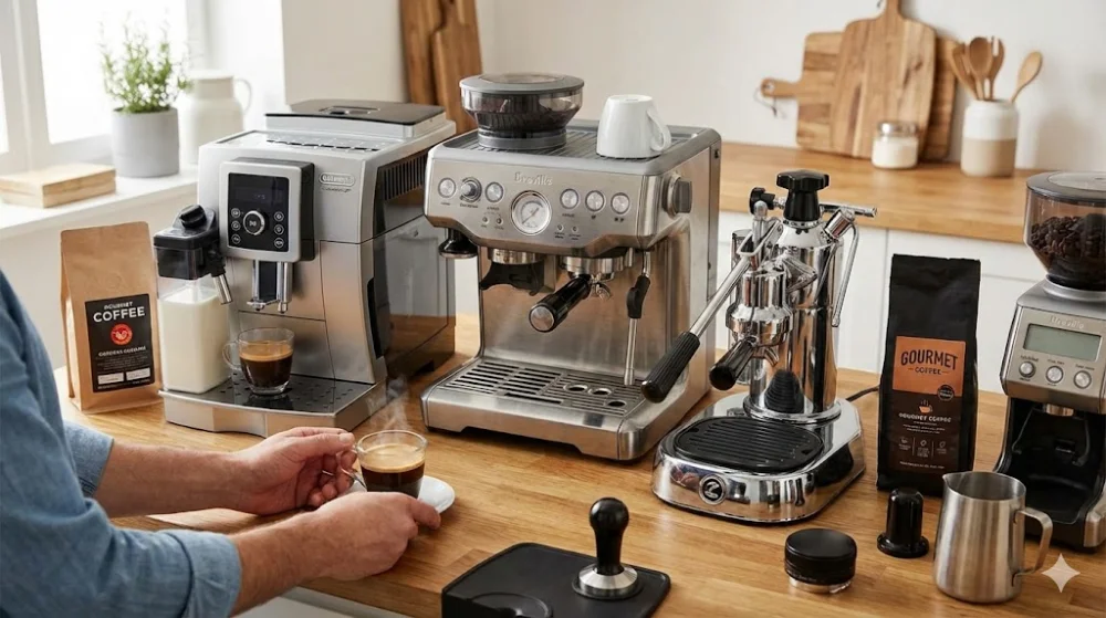 Різні типи кавомашин та аксесуари для еспресо на стільниці у світлій сучасній кухні