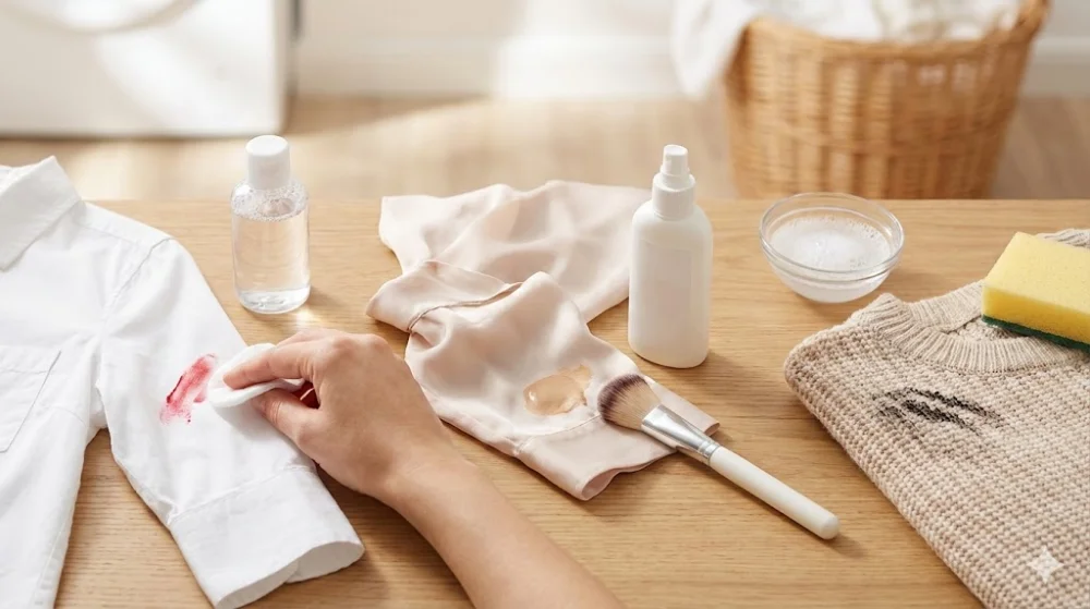 Видалення плям косметики: рука з ватним диском на сорочці, поруч шовк з тональним кремом, светр з тушшю та засоби для чищення