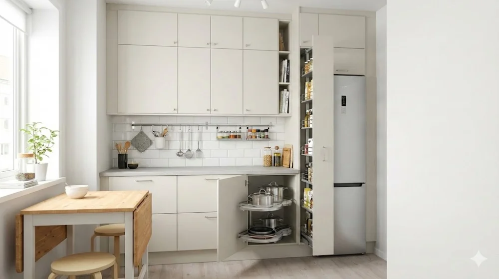 Світлі меблі для маленької кухні: висувна шафа-карго, кутова система зберігання та розкладний стіл