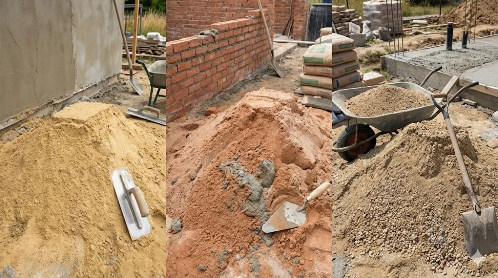 Триптих: дрібний пісок для штукатурки, середній для кладки цегли та крупний для бетону на будмайданчику з інструментами