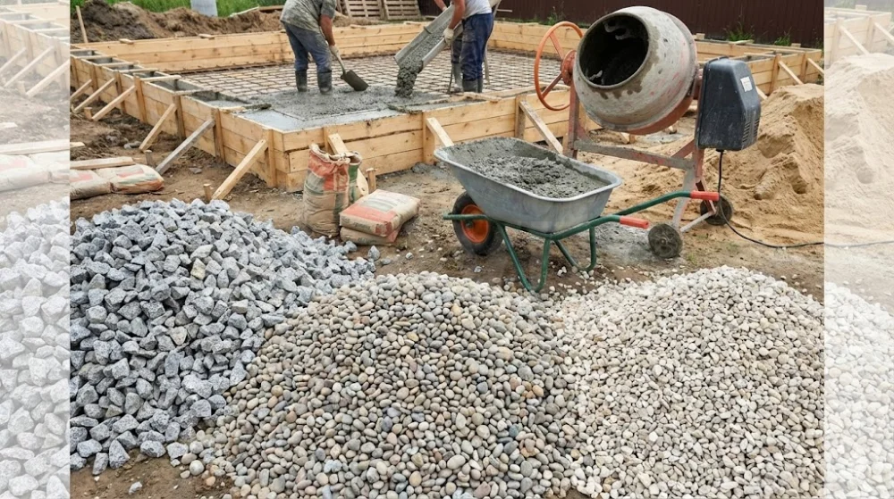 Заливка бетонного фундаменту. На передньому плані купи гранітного і гравійного щебеню, бетонозмішувач та тачка з розчином