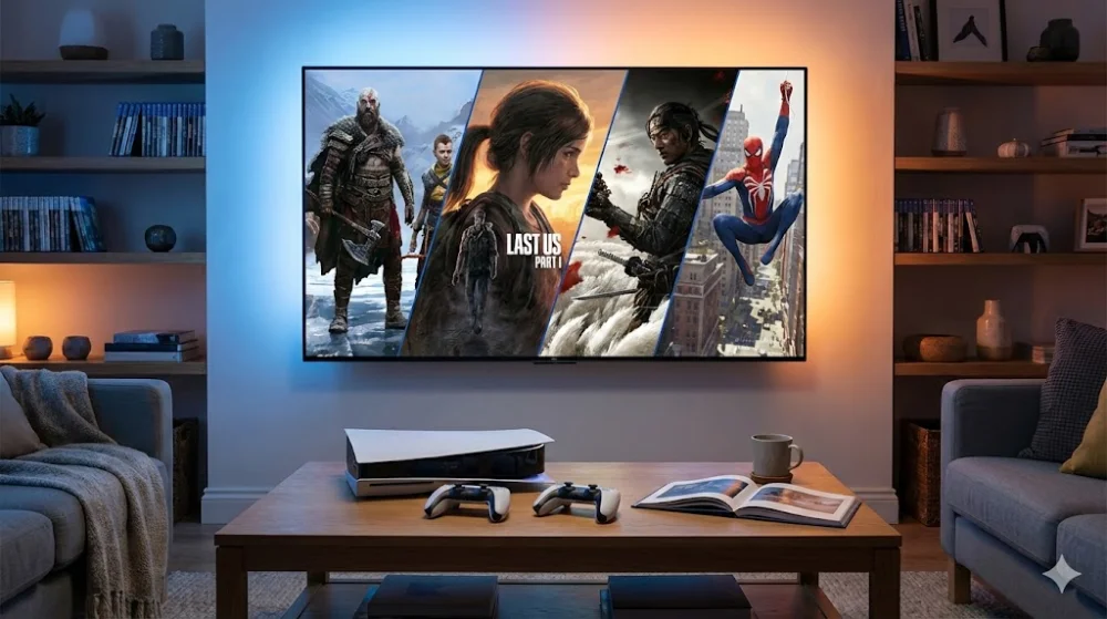 Кімната з PS5 і геймпадами. На екрані колаж ексклюзивів: God of War, The Last of Us, Ghost of Tsushima, Spider-Man 2