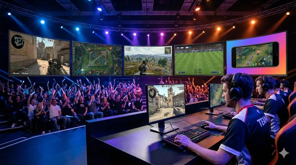Кіберспортивна арена: гравці на сцені, на екранах трансляція популярних ігор (CS, MOBA, мобільні), зал з вболівальниками