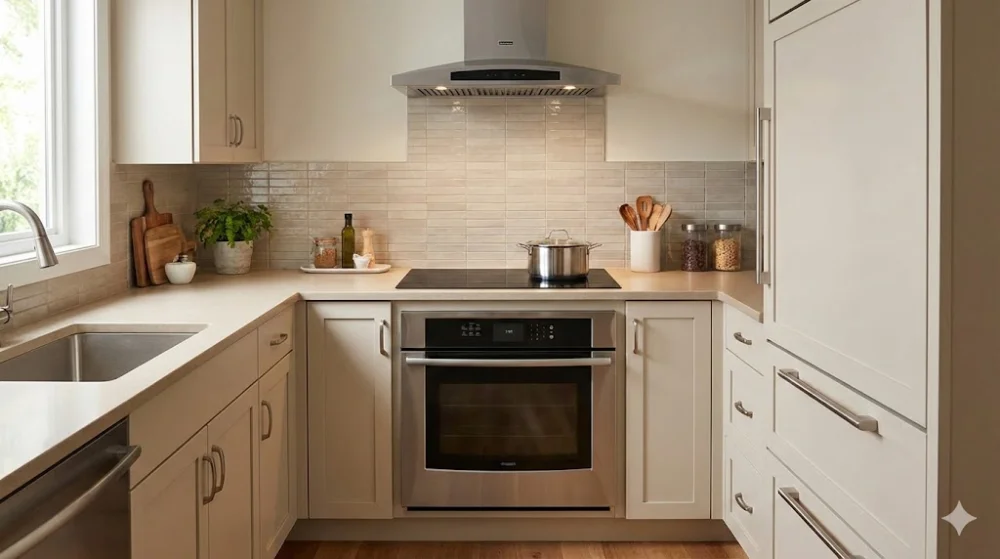 Сучасна кухня з правильним розташуванням плити, мийки та холодильника для безпечного приготування страв