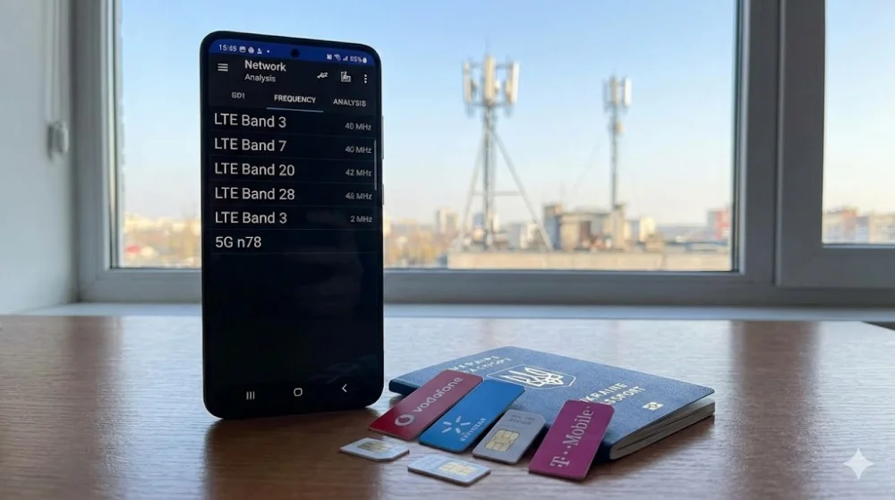 Смартфон із переліком LTE бендів, SIM-картки та паспорт на фоні вишки мобільного зв'язку за вікном
