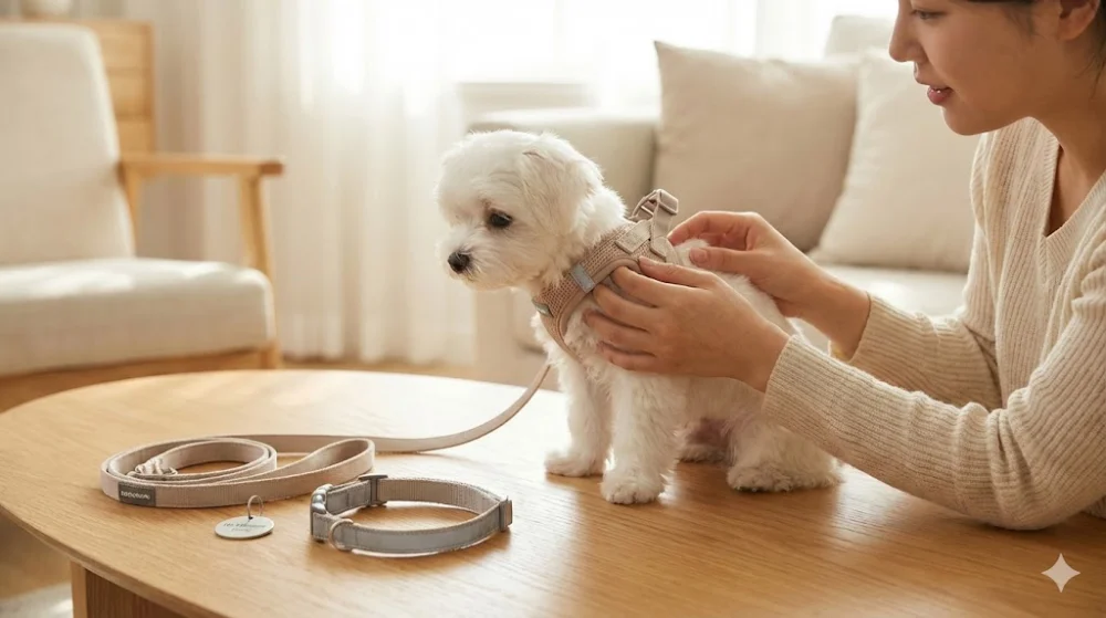 Маленьке біле цуценя в анатомічній шлейці поруч із нашийником, адресником та повідцем