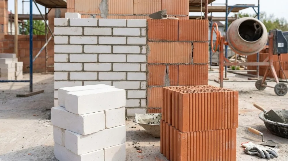 Біла силікатна та червона керамічна цегла на передньому плані будмайданчика з бетономішалкою на фоні