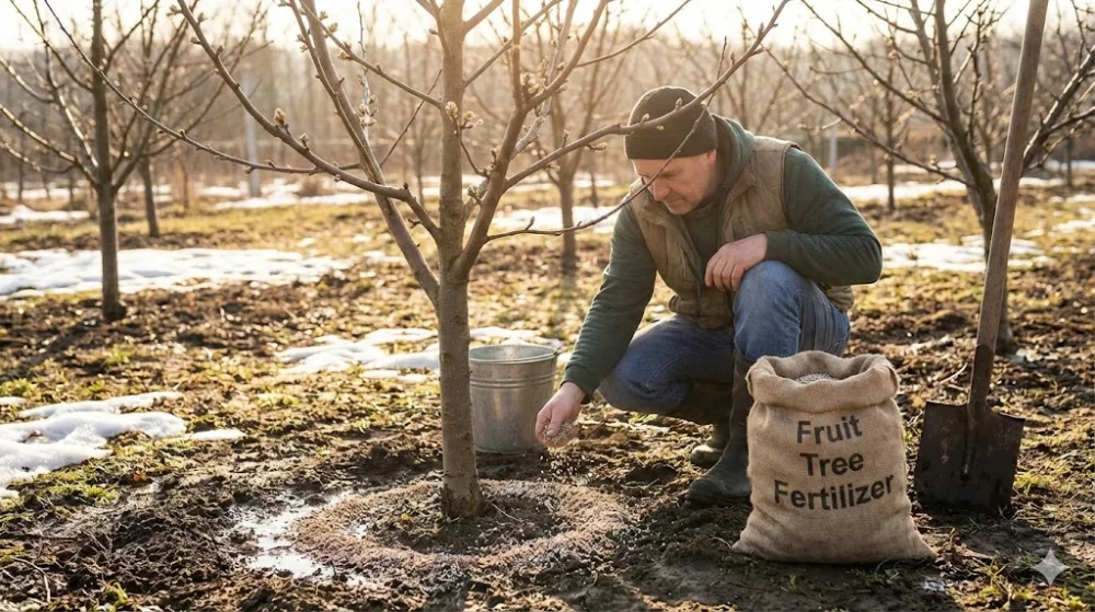 Садівник розсипає гранульоване добриво навколо стовбура молодого плодового дерева у весняному саду зі снігом