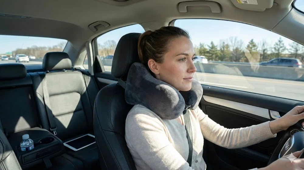 Водійка за кермом на трасі використовує сіру подушку для шиї в авто U-подібної форми для підтримки голови