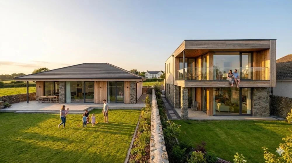 Сучасні одноповерховий і двоповерховий будинки з дерева і каменю. Сім'ї з дітьми на подвір'ях на заході сонця