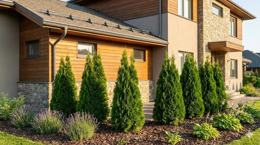 Вічнозелені туї Смарагд висаджені на безпечній відстані від фундаменту сучасного приватного будинку