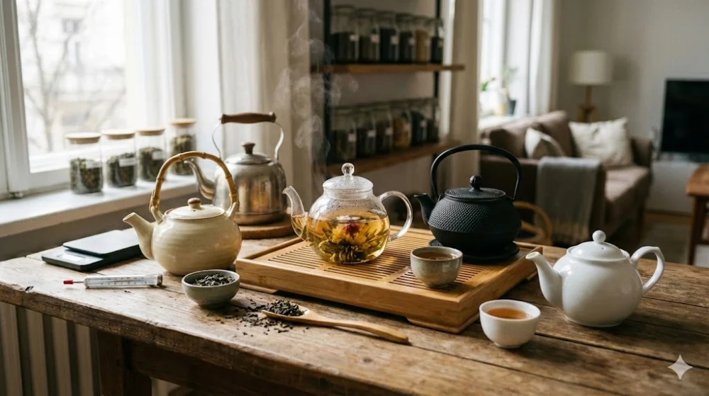 Різні види чайників на столі: скляний заварник з квіткою, чавунний, керамічний та порцеляновий, чайні аксесуари та піали