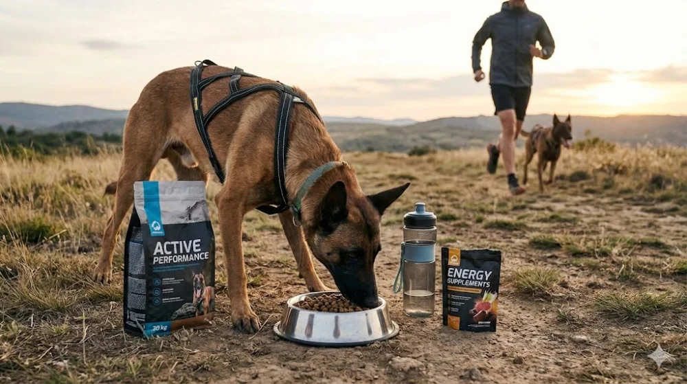 Спортивний собака їсть професійний корм поруч із дорожньою поїлкою та добавками на фоні бігуна