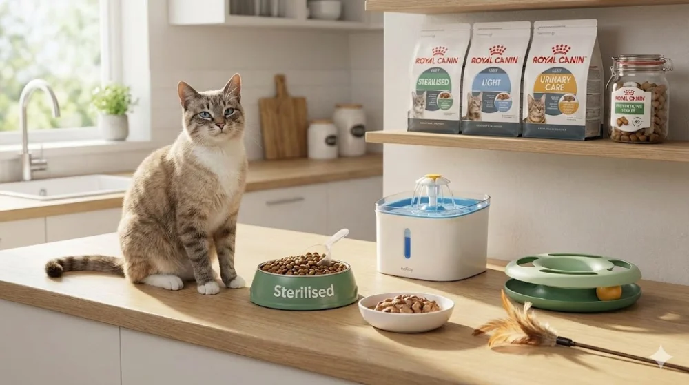Кіт на кухні поруч із кормом для стерилізованих тварин, автоматичною поїлкою та розвиваючими іграшками