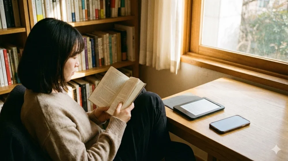 Жінка читає паперову книгу в кріслі біля вікна, на столі поруч лежать електронна книга та смартфон на тлі книжкових полиць