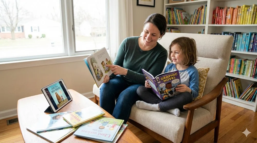 Мати показує дитині малюнки в книжці, а дівчинка тримає комікс у затишній кімнаті з книжковими полицями