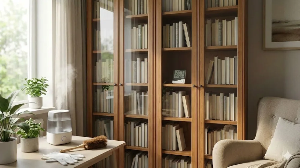 Дерев'яна книжкова шафа зі склом, книги, працюючий зволожувач повітря, щітка для пилу та рукавички на столі біля вікна