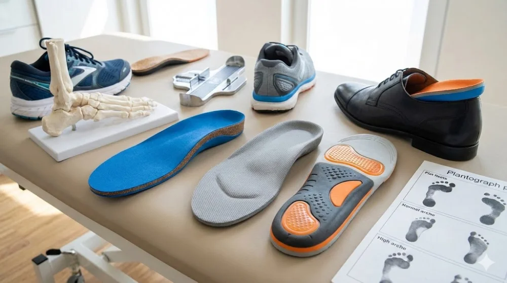Стіл ортопеда: різні устілки, макет стопи, прилад для вимірювання, взуття та плантаграма типів склепіння стопи