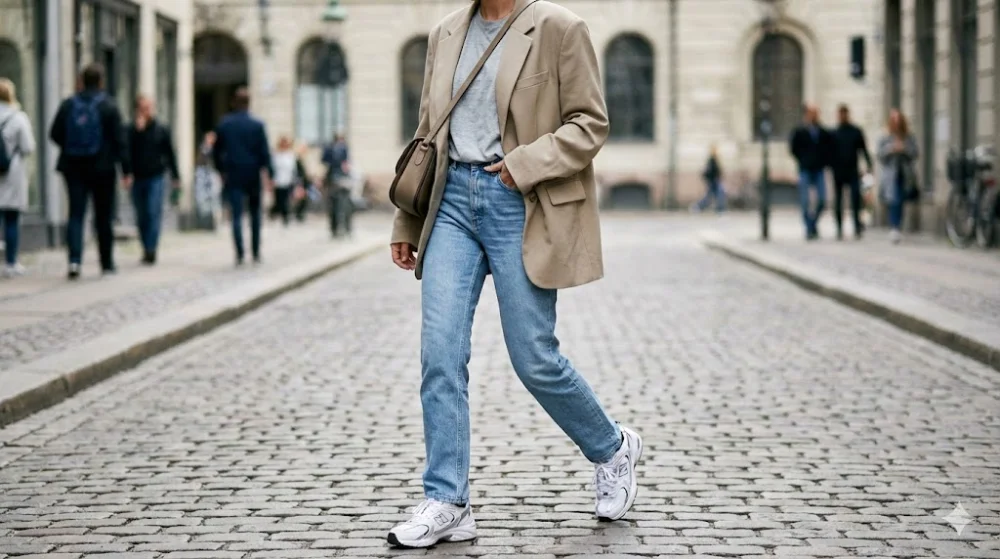 Вуличний стиль: жінка в білих масивних кросівках New Balance, прямих джинсах і бежевому жакеті oversize йде по бруківці