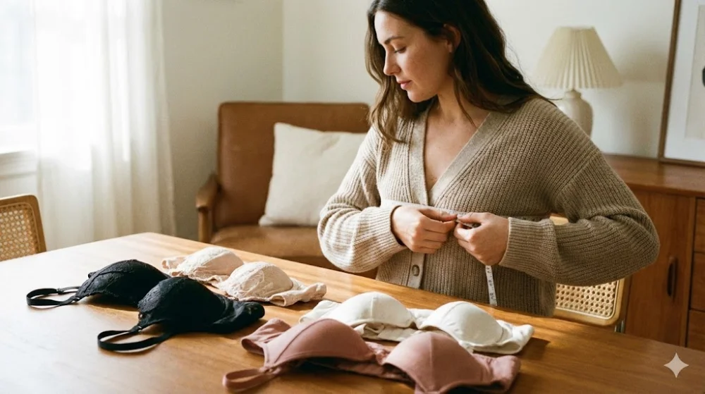 Жінка робить заміри сантиметром для підбору білизни, на столі розкладені різні моделі бюстгальтерів