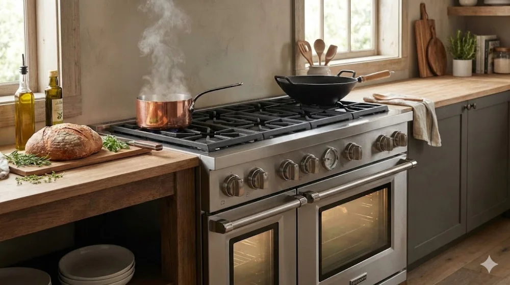 Професійна газова плита з нержавіючої сталі в інтер'єрі кухні. На плиті кипить каструля, поруч свіжий хліб та зелень