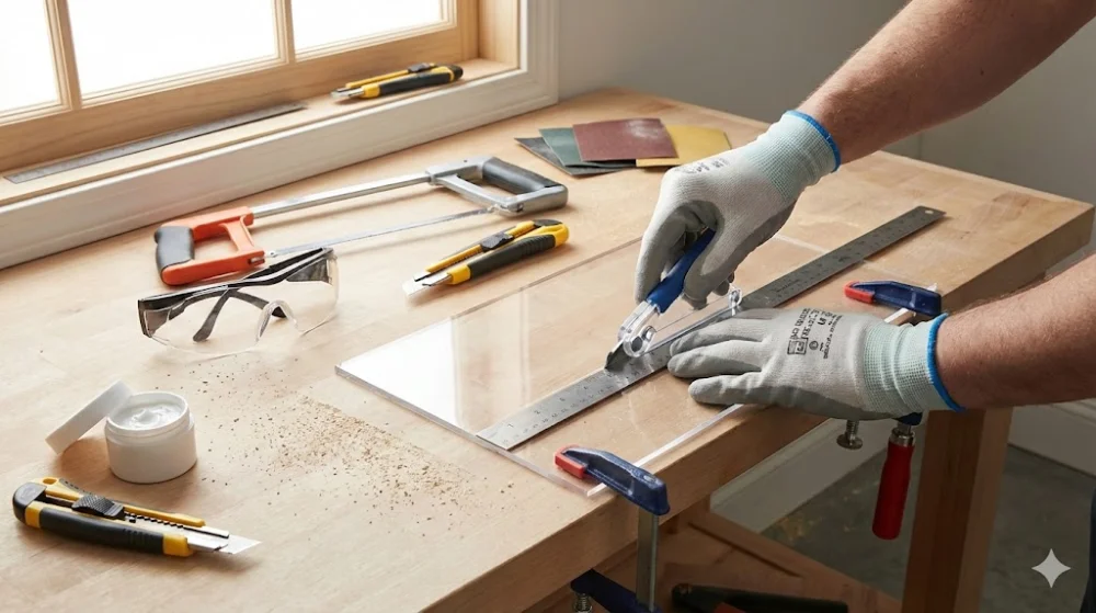 Процес ручного різання оргскла різаком під лінійку. На столі лежать струбцини, ножівка, окуляри та шліфувальна паста