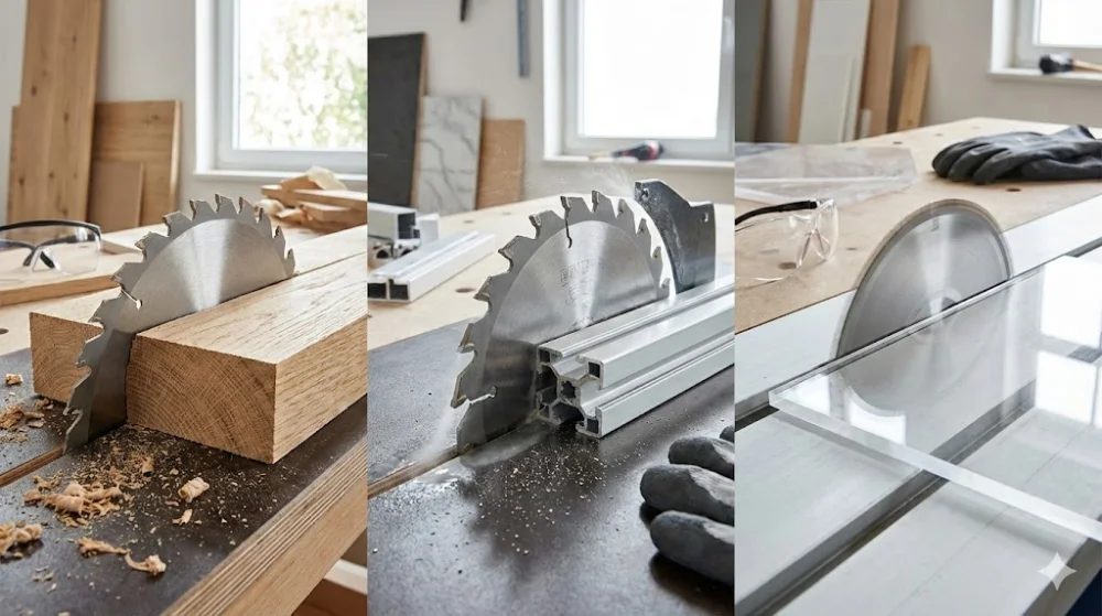 Фотоколаж процесу різання: пильний диск по дереву розпилює брус, диск по металу ріже алюмінієвий профіль, диск для пластику ріже акрил