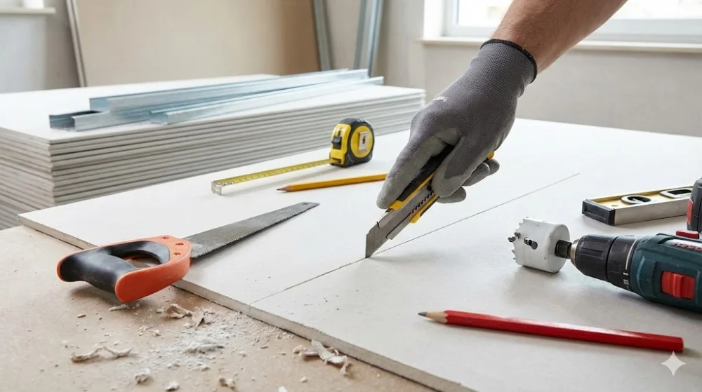 Рука в рукавичці ріже лист гіпсокартону монтажним ножем, поруч лежать ножівка, дриль із коронкою та рулетка.=