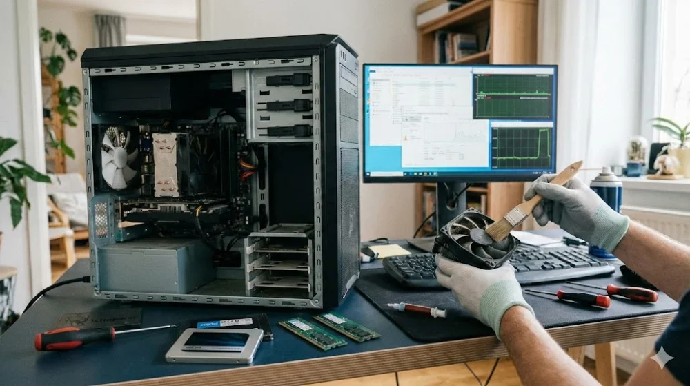Майстер чистить кулер ПК, на столі лежать SSD та модулі RAM на фоні відкритого системного блоку