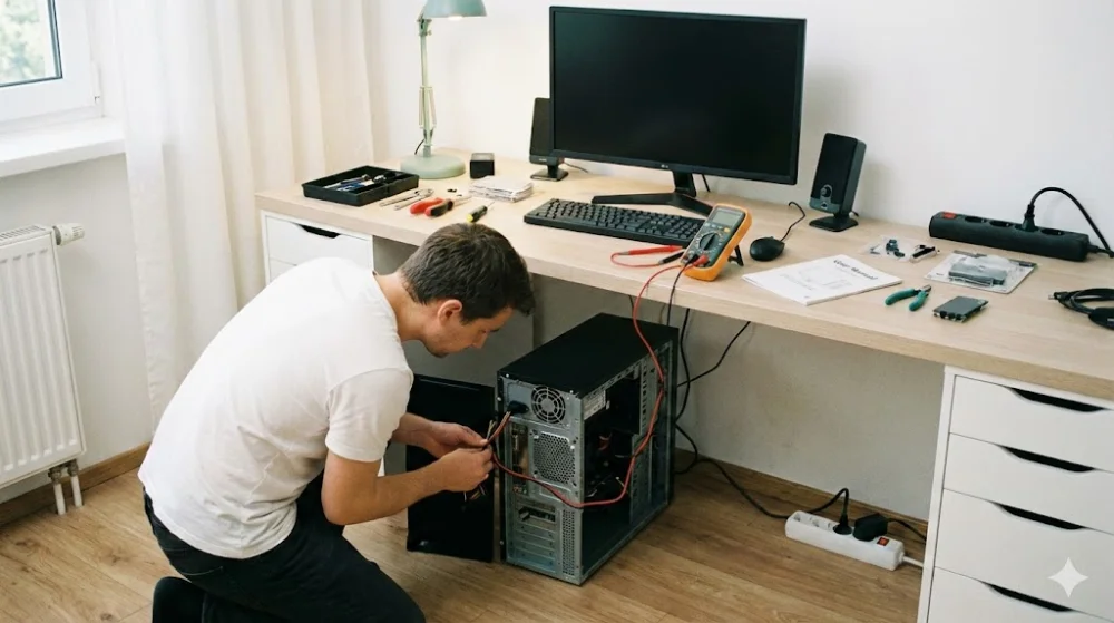 Чоловік перевіряє мультиметром відкритий системний блок, коли комп’ютер не вмикається. На столі інструменти та подовжувач